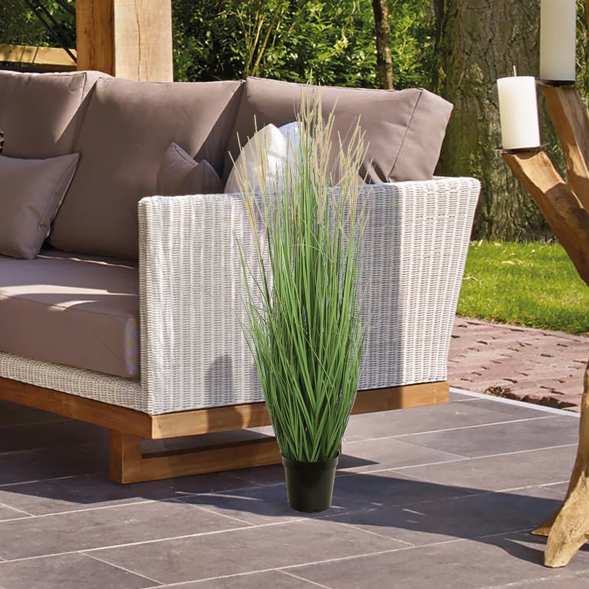 Lush 3-Foot Artificial Flocked Grass Bush Lifelike Faux Greenery in Decorative Pot, Ideal for Indoor/Outdoor Decor - Larksilk