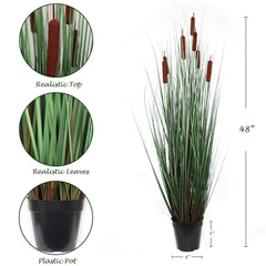 Lush 4-Foot Tall Artificial Cattail Grass - Faux Greenery in 8-Inch Decorative Pot, Ideal for Indoor/Outdoor Home or Office Decor - Larksilk