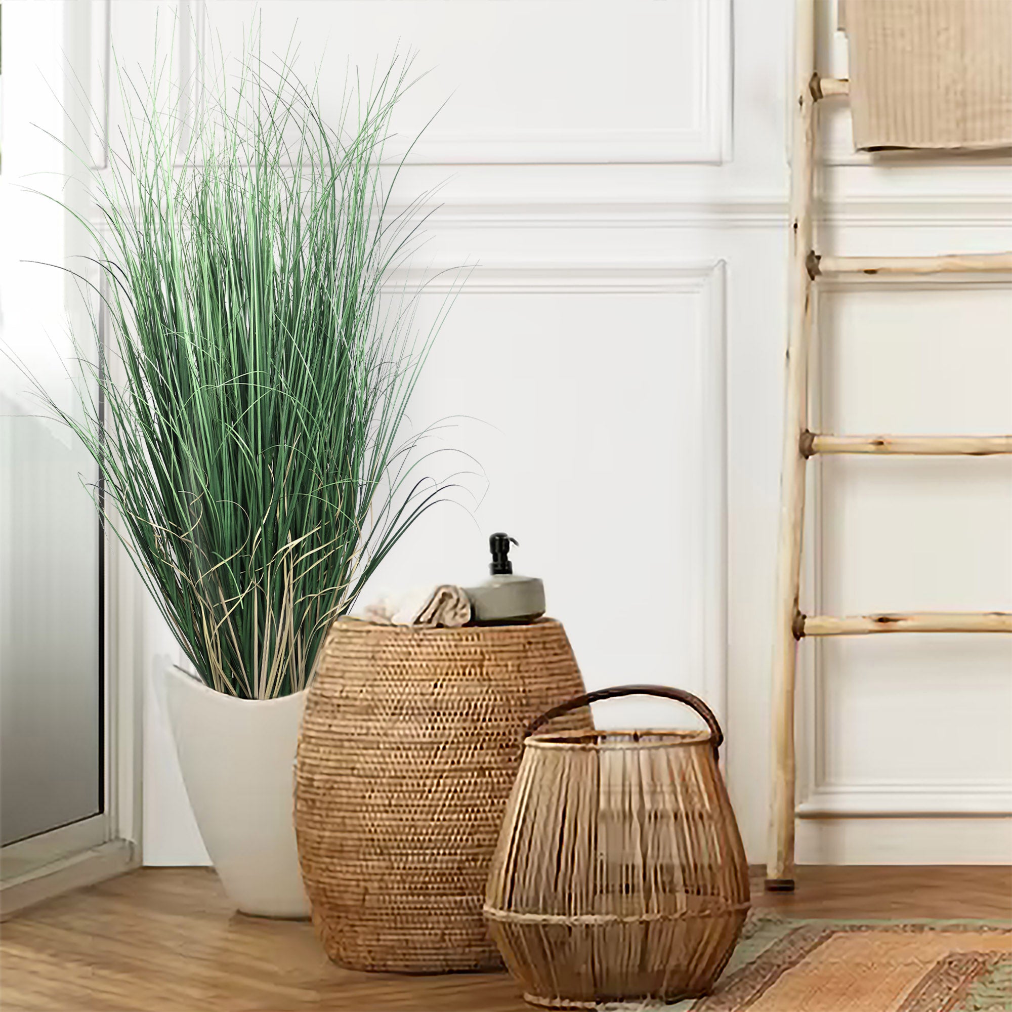 4-Foot Lifelike Curly Grass Plant - Elegant Artificial Greenery in Decorative Pot, Ideal for Indoor Home Decor - Larksilk