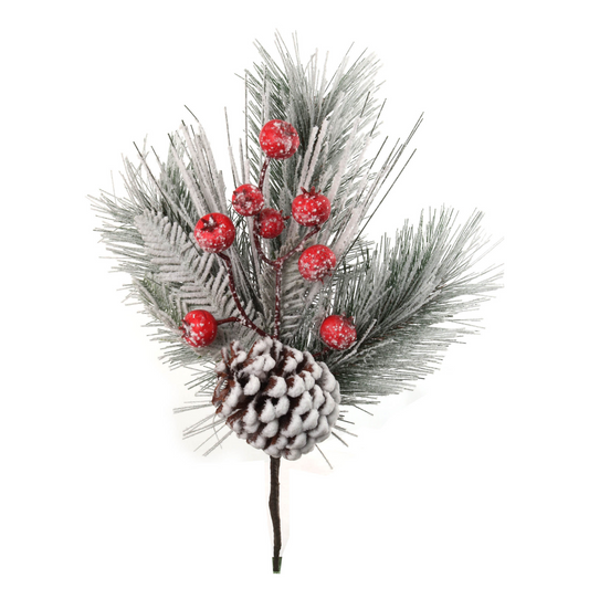 14" Snow Pine Pick with Pine Cones & Red Berries