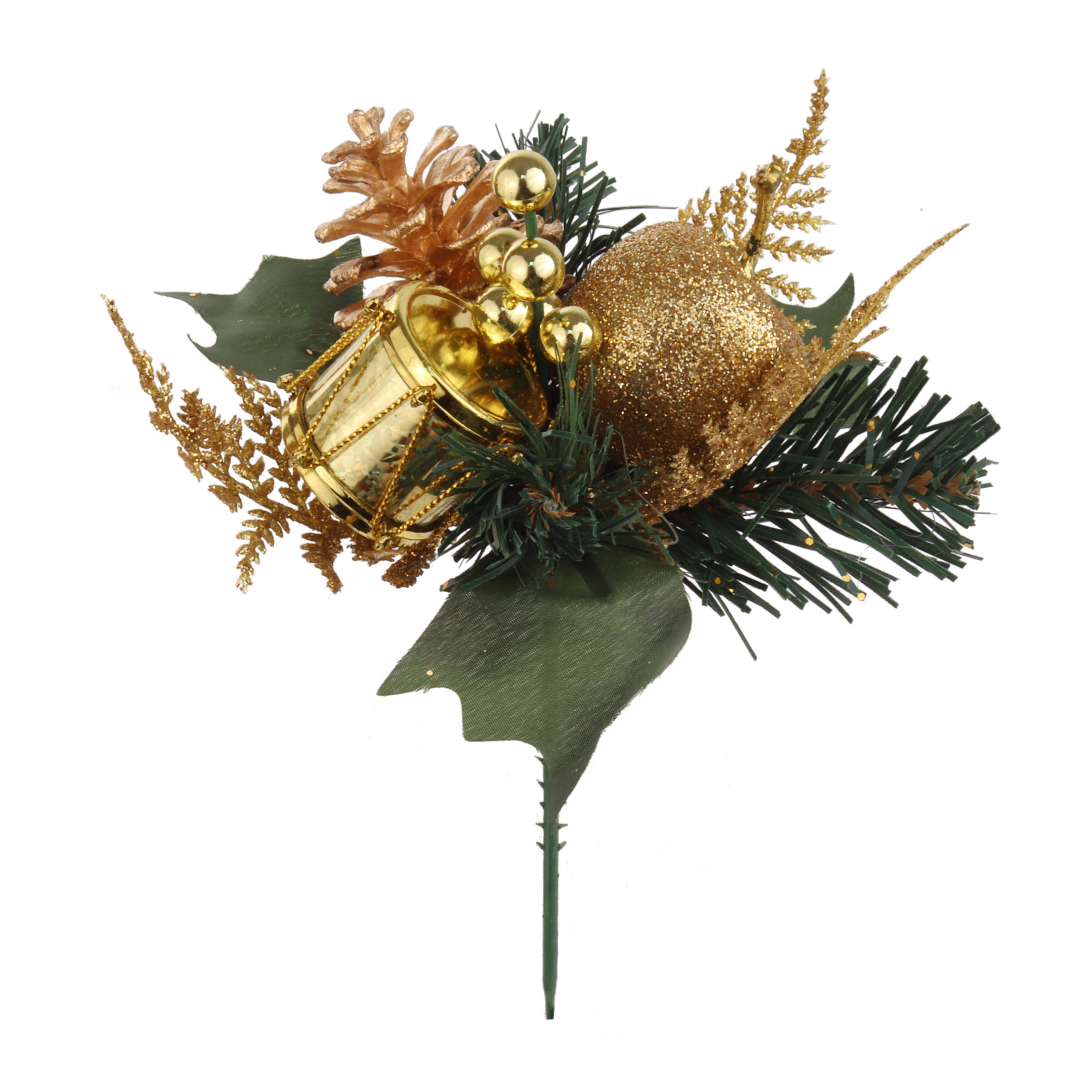 Glitter Pine Pick with Fruits, Pine Cone, Berries & Drum 2024 Christmas Collection - Larksilk