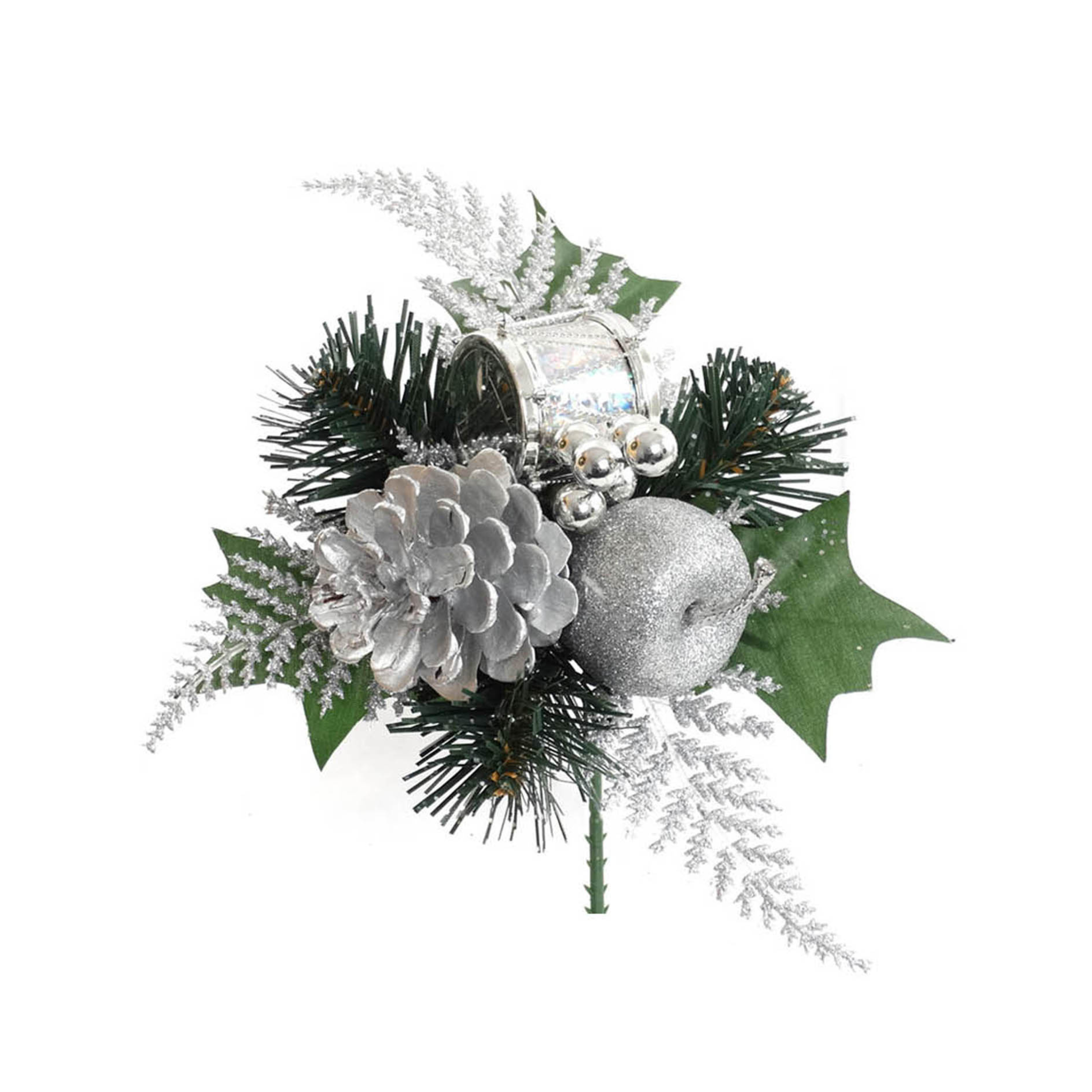 Glitter Pine Pick with Fruits, Pine Cone, Berries & Drum 2024 Christmas Collection - Larksilk