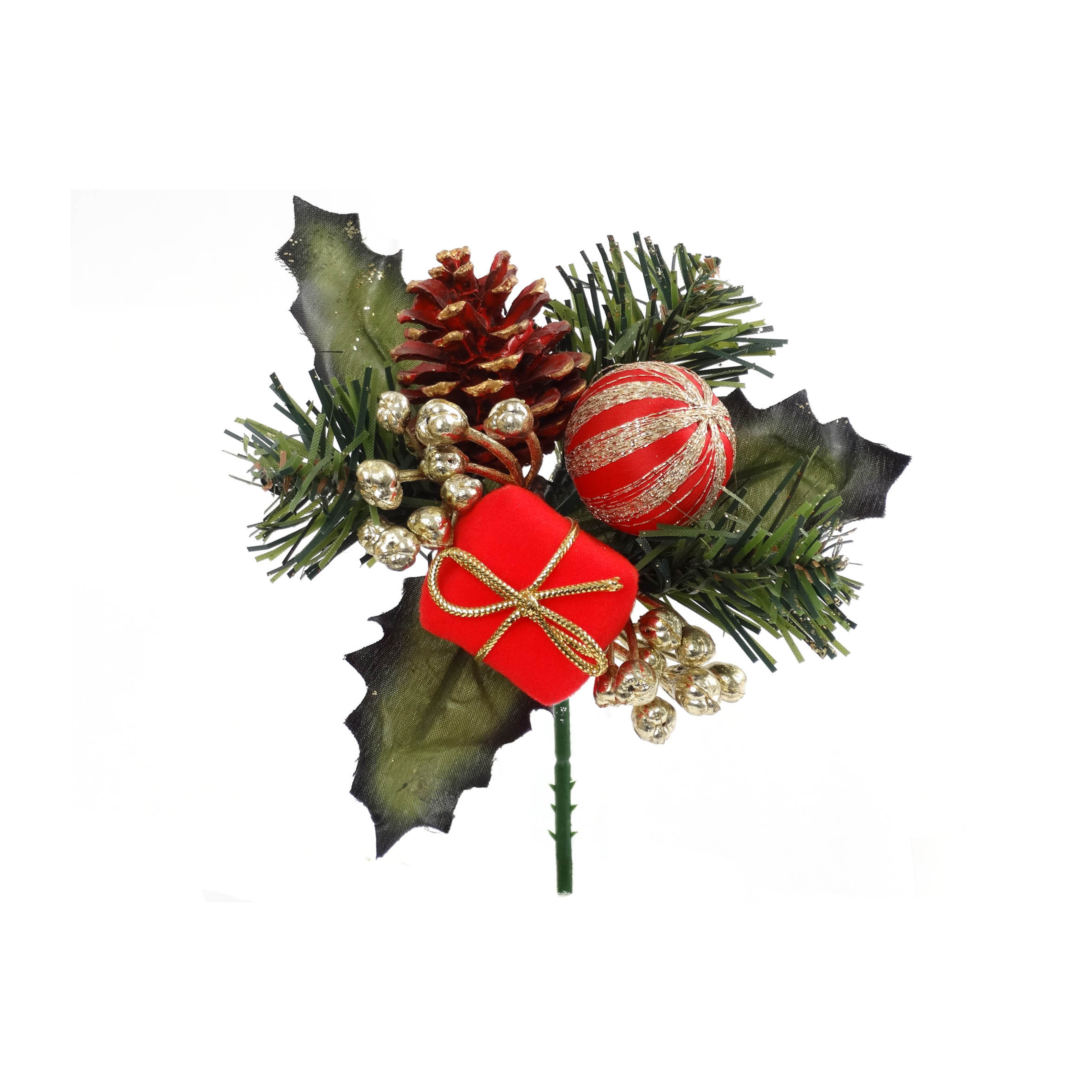 Holly Pine Pick with Velvet Gift Box, Pine Cone, & Balls 2024 Christmas Collection - Larksilk