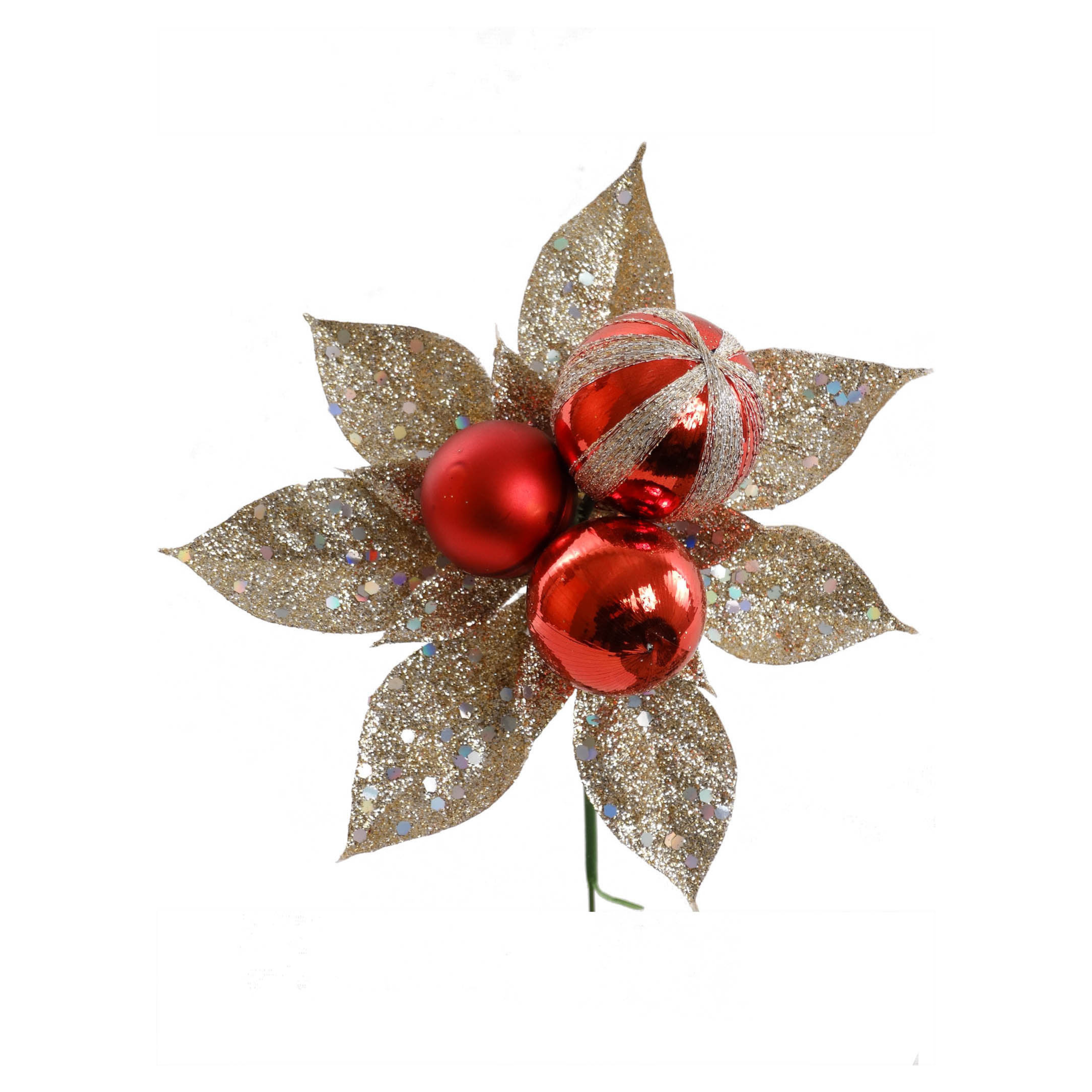Glitter Poinsettia Pick with 3 Balls 2024 Christmas Collection - Larksilk
