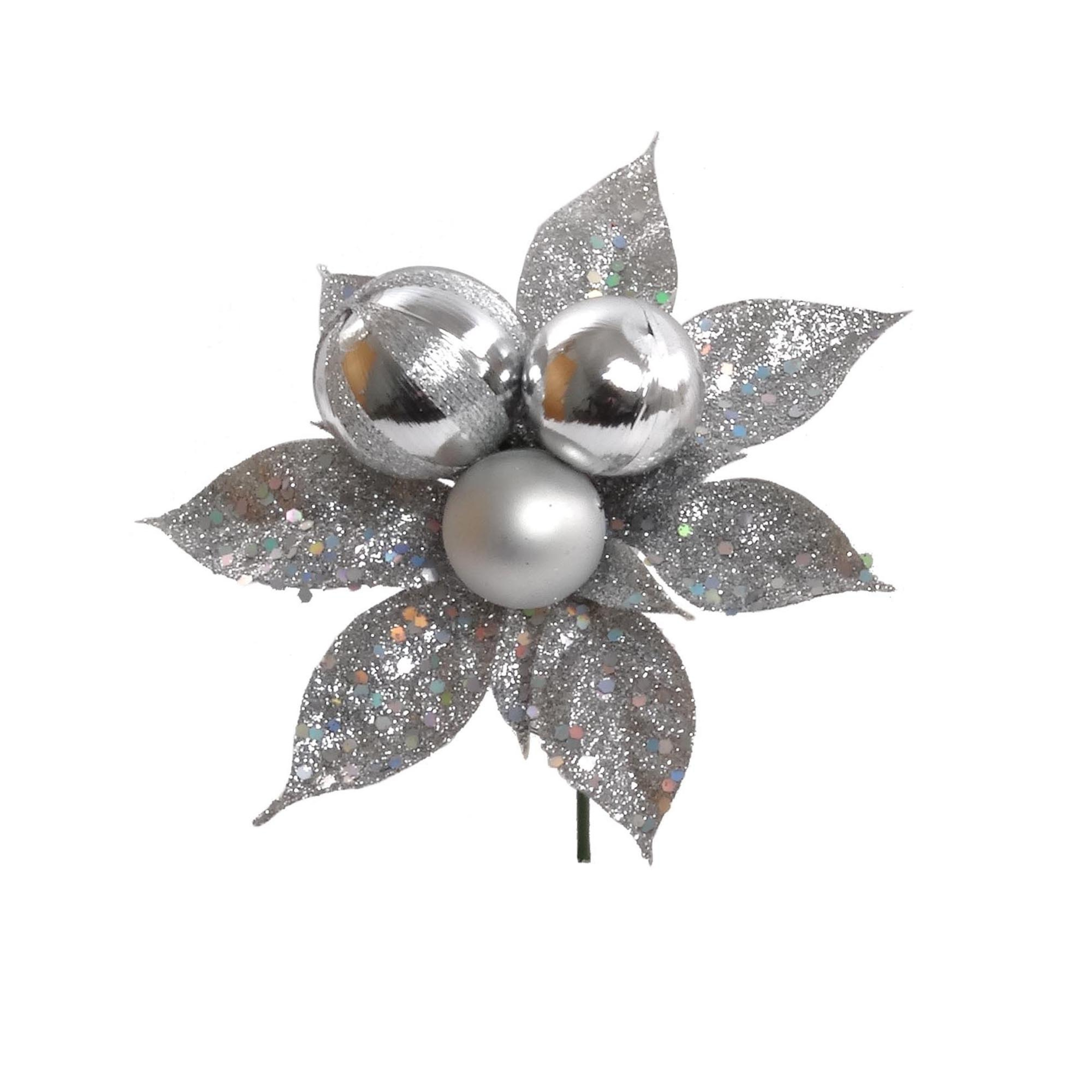 Glitter Poinsettia Pick with 3 Balls 2024 Christmas Collection - Larksilk