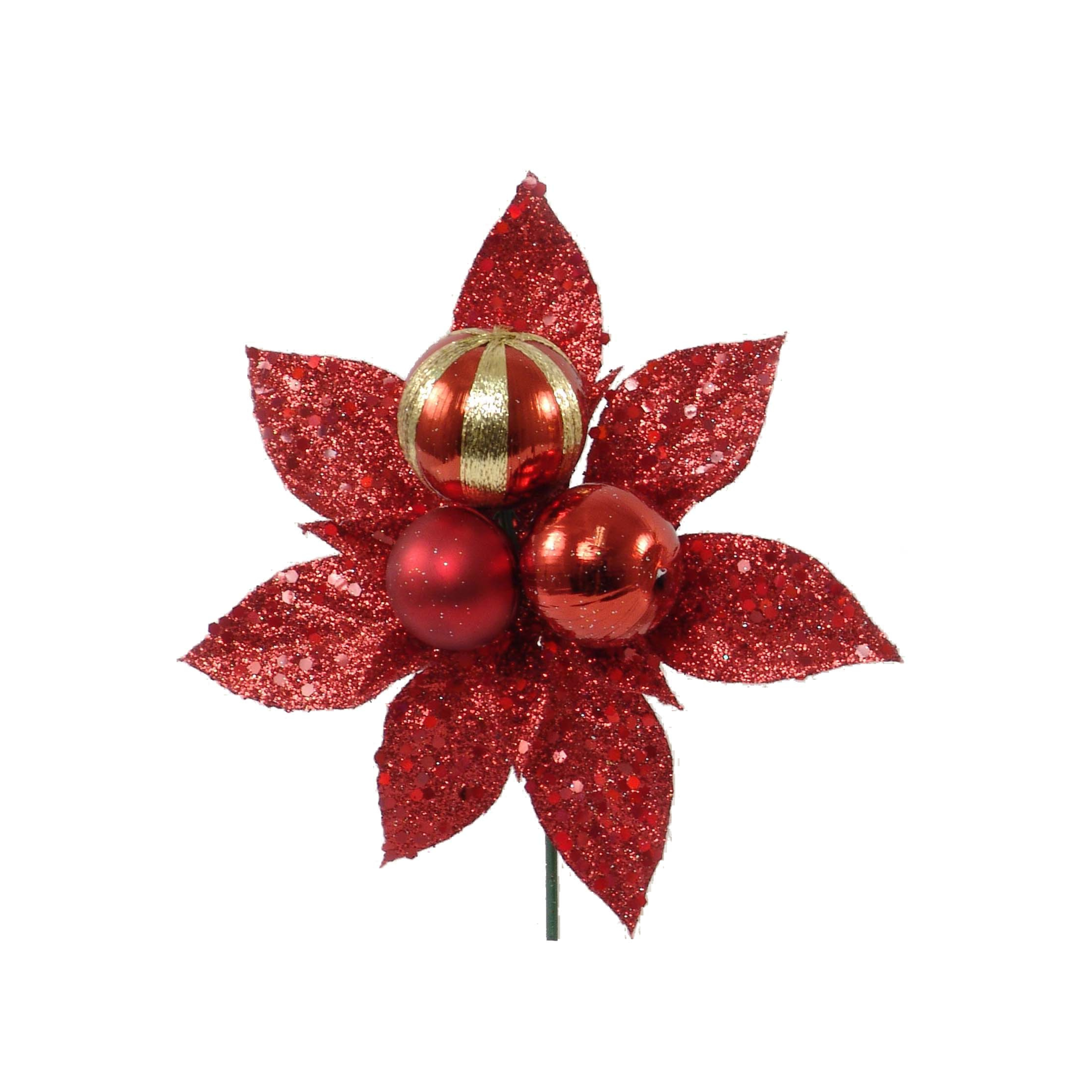 Glitter Poinsettia Pick with 3 Balls 2024 Christmas Collection - Larksilk