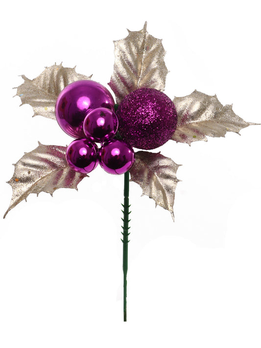 Larksilk Purple Glitter Holly Pick with Ball Accents, Sparkling Artificial Christmas Floral Stem for Wreaths, Garlands, Tree Decor & Holiday Home Decor
