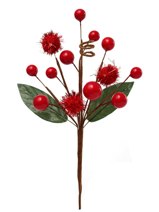 Larksilk Red 7.5" Berry Pom Pom Pick, Artificial Decorative Berry Stem for Christmas Tree, Wreaths, Garlands, Floral Arrangements & Holiday Home Decor