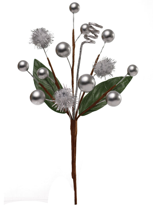 Larksilk Silver 7.5" Berry Pom Pom Pick, Artificial Decorative Berry Stem for Christmas Tree, Wreaths, Garlands, Floral Arrangements & Holiday Home Decor