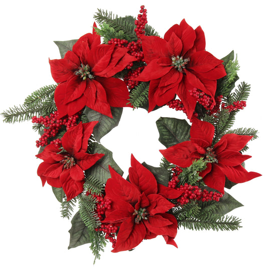 22" Poinsettia Pine Wreath with Berries