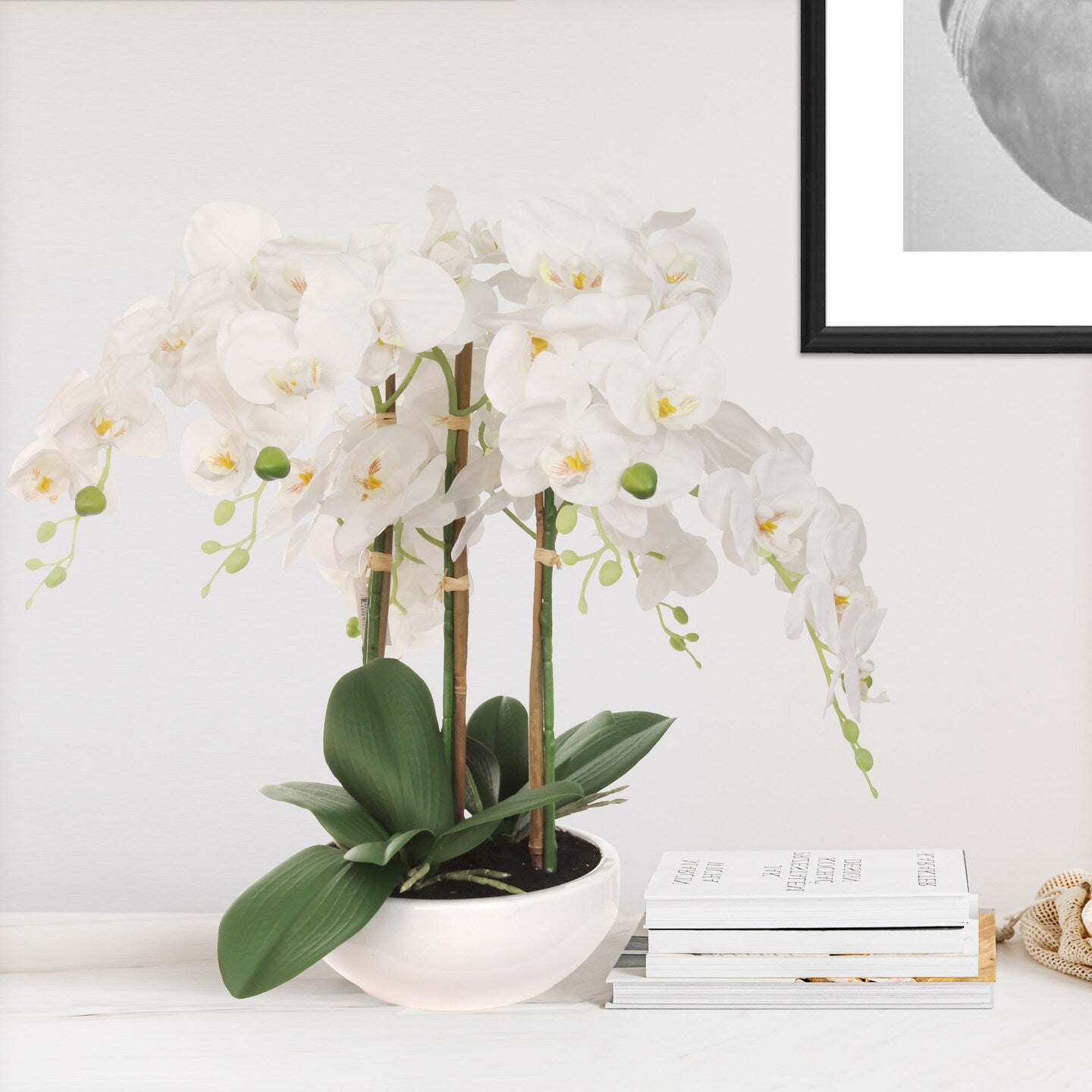 19"x13" White Phalaenopsis Orchid Arrangement in White Bowl - Elegant Faux Floral Display for Home and Office Decor - Larksilk