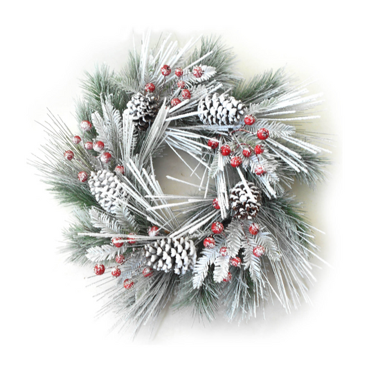 24" Snow Pine Wreath with Red Berries & Pine Cones