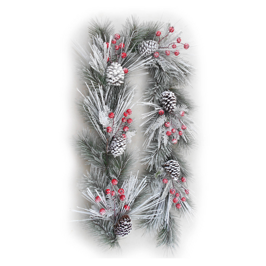 6' Snow Pine Garland with Red Berries & Pine Cones