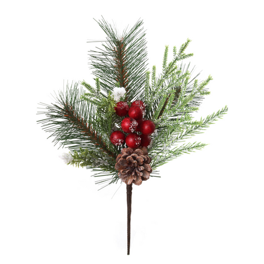 13.5" Pine Pick with Pine Cones & Iced Red Berries