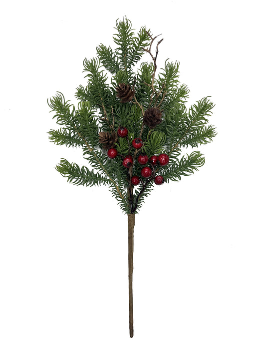 Artificial 18" Pine Pick with Berries & Cones - Larksilk