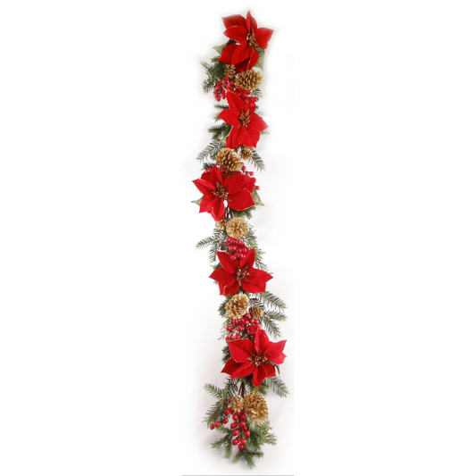 5' Glitter Poinsettia Garland with Gold Pine Cones & Red Berries