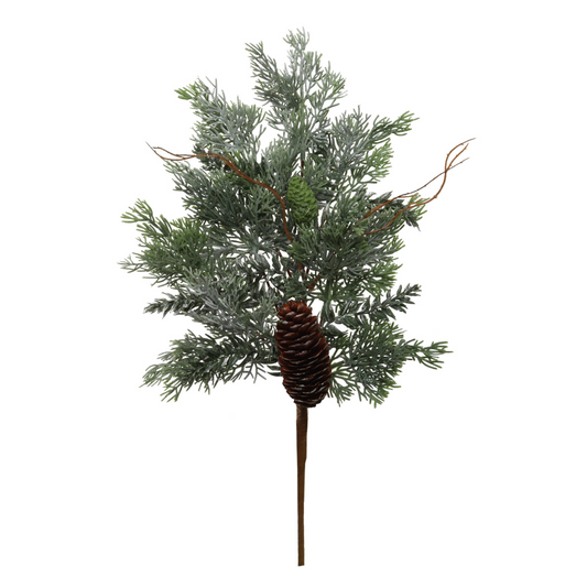 18" Frosted Pine Pick with Twigs & Pine Cones