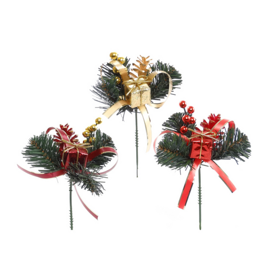 Pine Pick with Gift Box, Pine Cone, Bow, & Berries